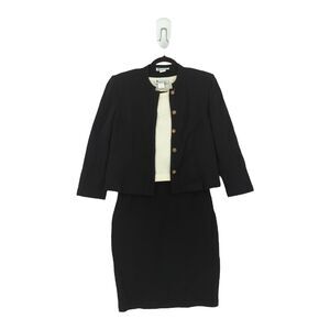 Linda Iki Women M Suit Set Off White Black Knit Blazer Blouse Skirt VTG Hawaiian